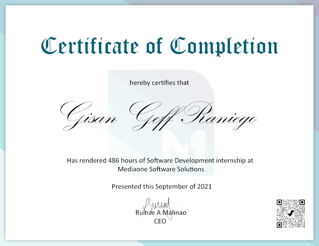 Software Development Internship certificate