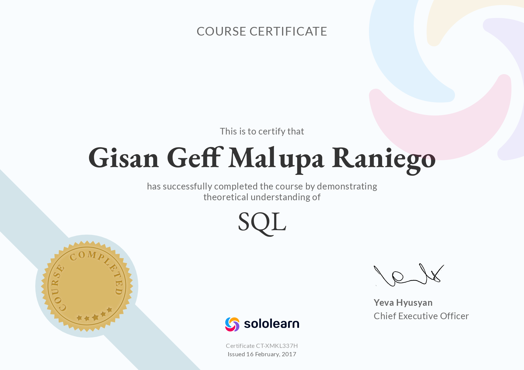 SQL Course certificate
