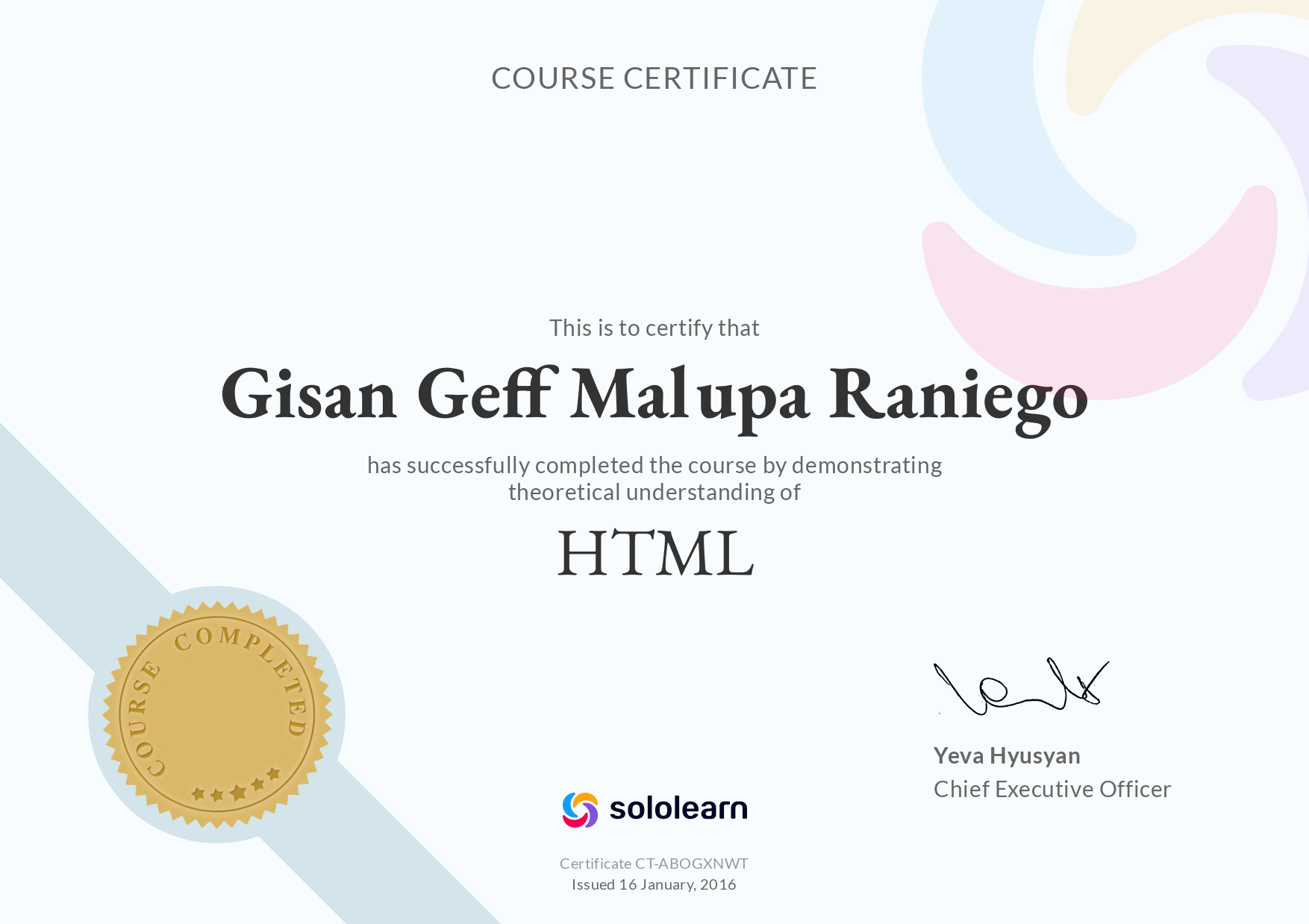 HTML Course certificate